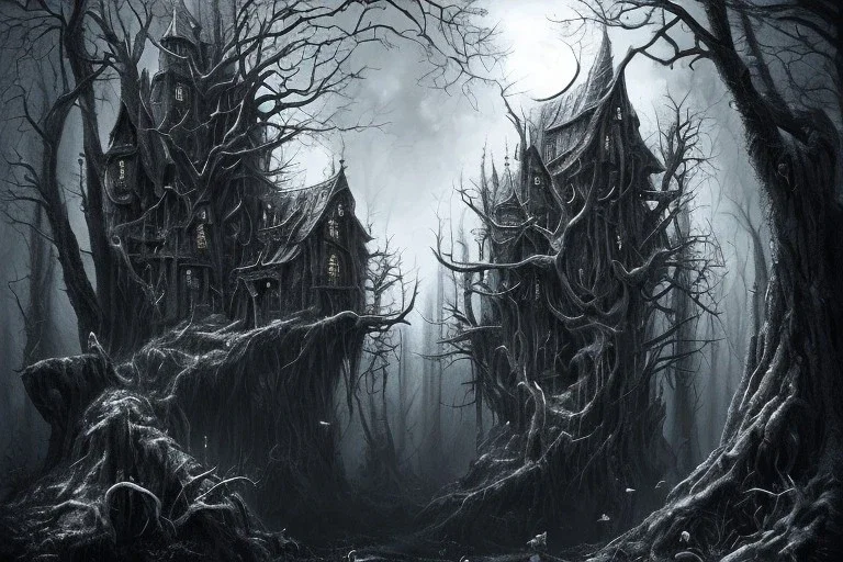  Wednesday Adams, black and white, one tall narrow scary house , pointy roof, cursed trees , dense dark forest, forest background, spiders, bats, bones, Escher style