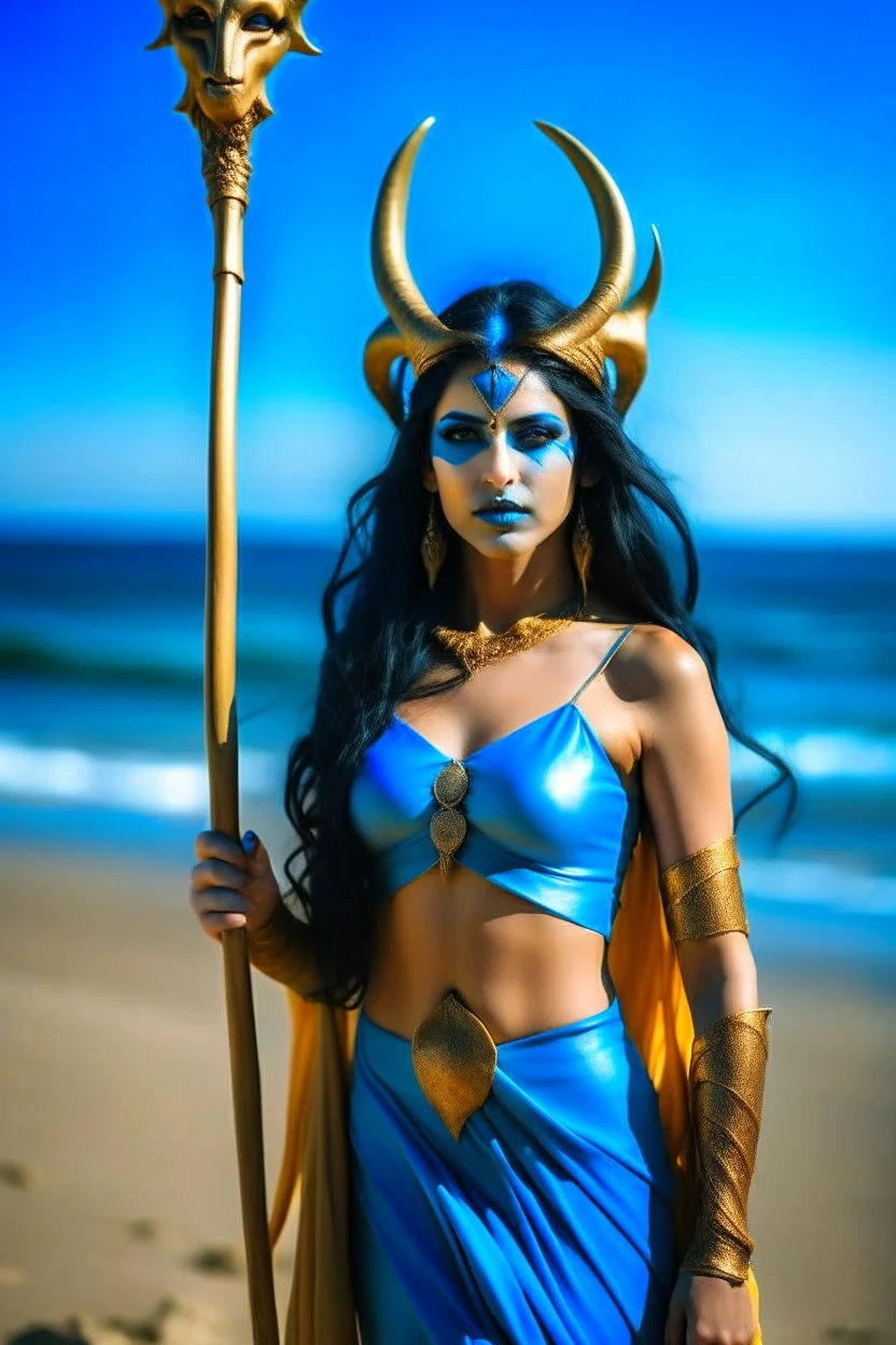 A picture of a beautiful blue faced indian goddess with skin painted blue, blue painted body, blue painted torso, wild black hair, stag antlers, elven ears, golden skirt, holding a staff on a sunny beach