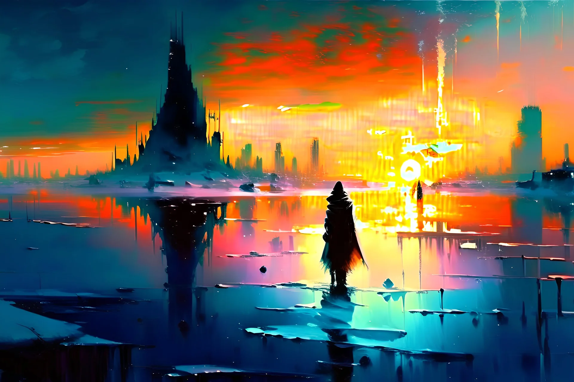 Ice, winter, city, frozen lagoon, sunset, sci-fi, epic, lesser ury painting