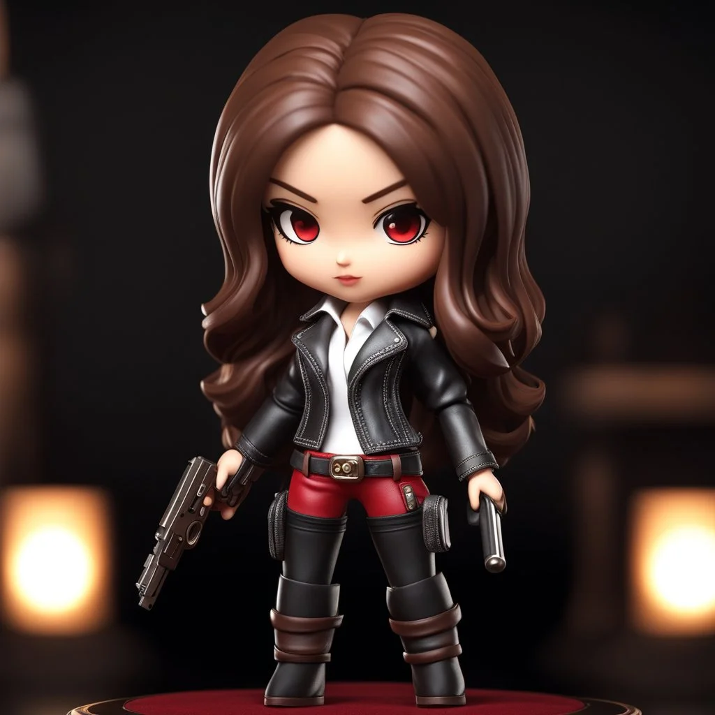 a chibi woman with long brown hair, red eyes, mafia princess, holding a handgun, leather and denim outfit, intricately detailed, chibi 3d doll