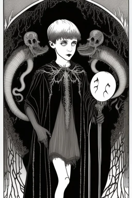 7 year old boy, necromancer, friendly, looks dead,with a long lamprey emerging from his belly , wearing black robes, in the style of Harry Clarke