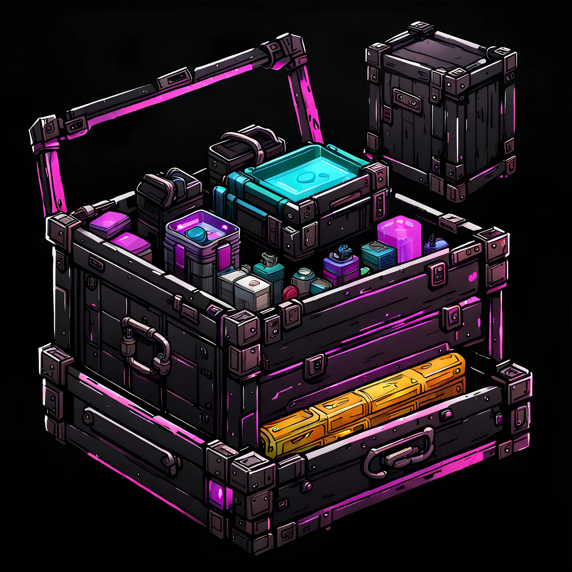 crate of valuable supplies, cyberpunk style, black background