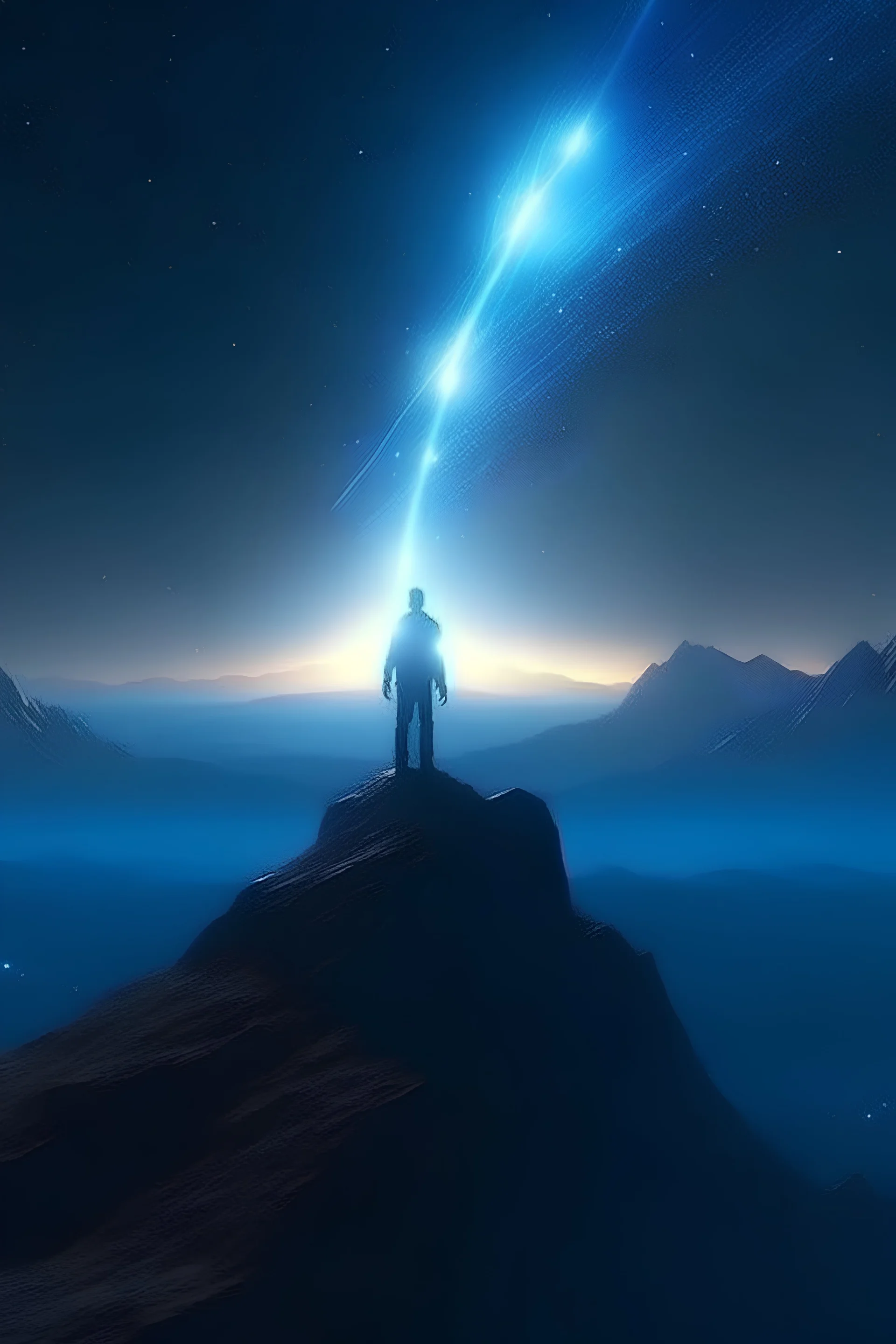 Generate a scene of A solitary figure standing atop a mountain, channeling energy from the cosmos, with a radiant aura of power emanating around them. 4k, low details