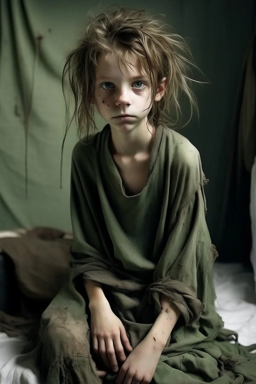 very thin 13 year old girl, dressed in rags, lon messy haircut, A Cure for Wellness style, full figure