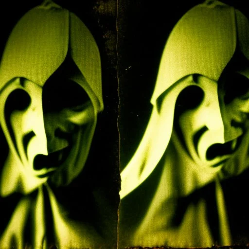 Daguerrotype close up some mysterious figures, odd background, cinematic, Hieronymus Bosch, Max Ernst vegetal life, rotten, ambient light, ghost, cry