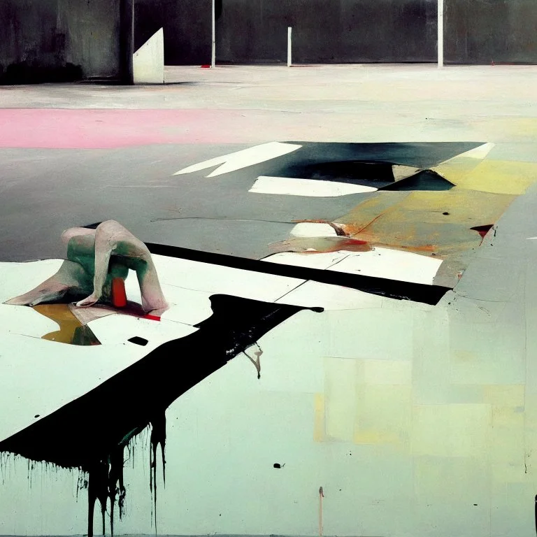 Minimal abstract oil paintings desolate 1960s carpark concrete fragments and bright naked bodies. style of Justin Mortimer and Francis Bacon. road markings.