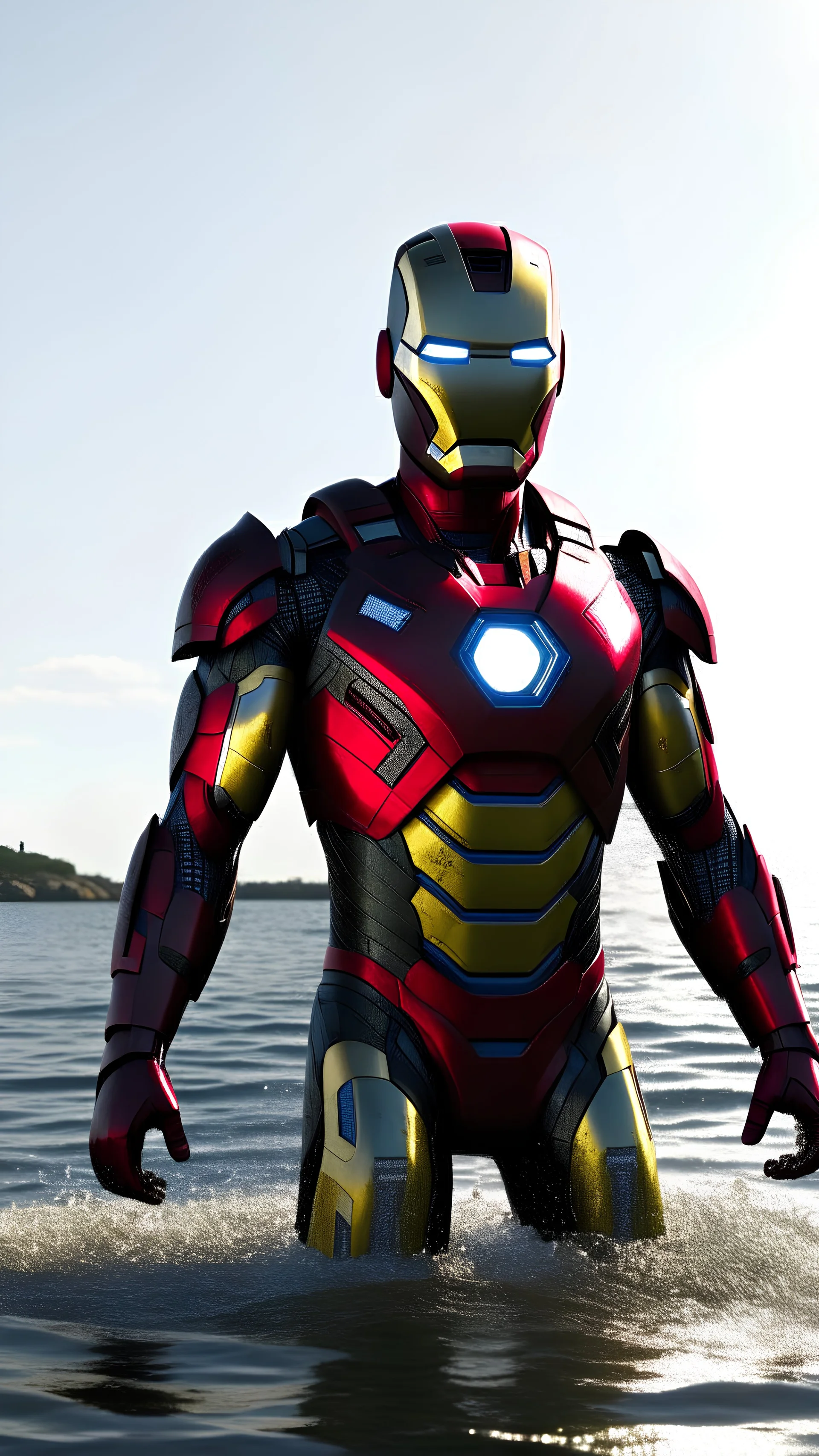 Iron man emerging from scerene still Water, portrait photo, cinematic --v 5.1 --ar 16:9 --s 500 --c 50