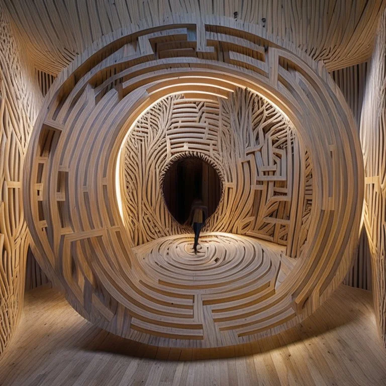 An immersive circular wooden labyrinth with a single entry and exit. Portraits of addiction and healing are visually connected by delicate threads. The labyrinth walls, adorned with engravings representing struggles, guide visitors through the transformative journey. Experience the progression from darkness to light, chaos to harmony, and despair to hope in this introspective installation.