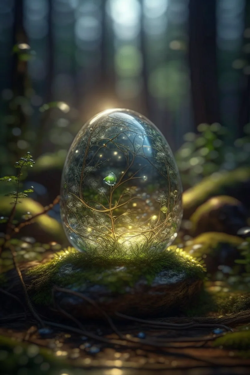 picture of a magical forest sparkling with light,cute stone giant inside transparent egg,shot on Hasselblad h6d-400c, zeiss prime lens, bokeh like f/0.8, tilt-shift lens 8k, high detail, smooth render, down-light, unreal engine, prize winning