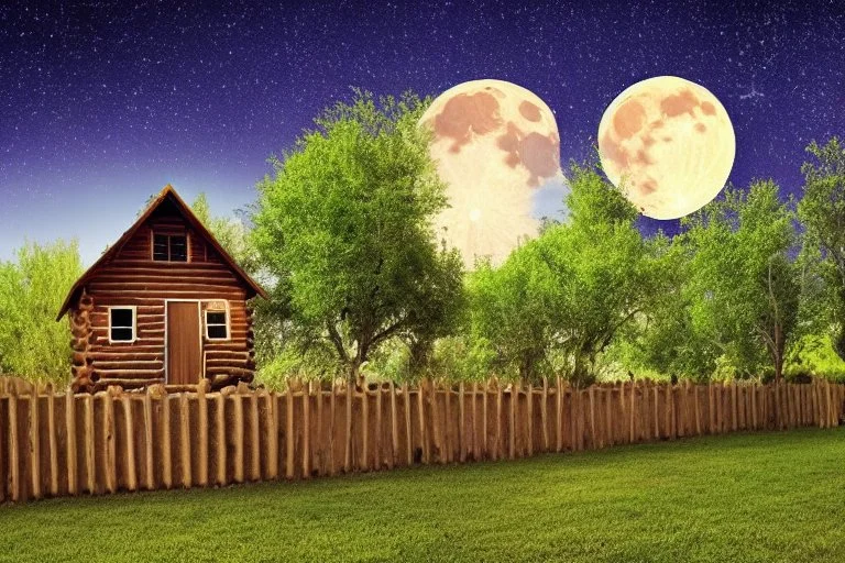 Dry trees, night, full moon, cabin, yard with flowers, fence, background pc