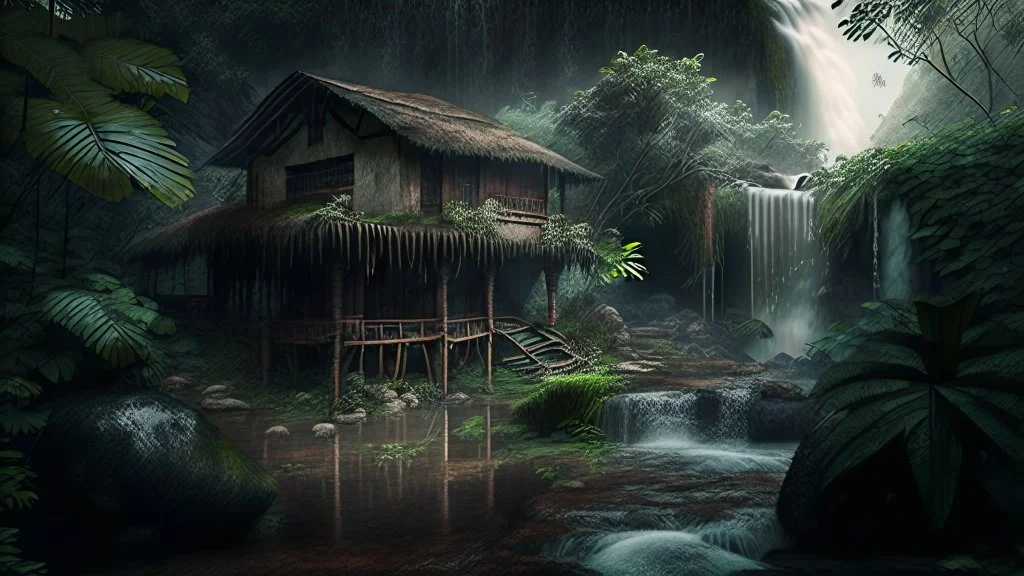 primitiv house by a big water falls in a karstic rain forest