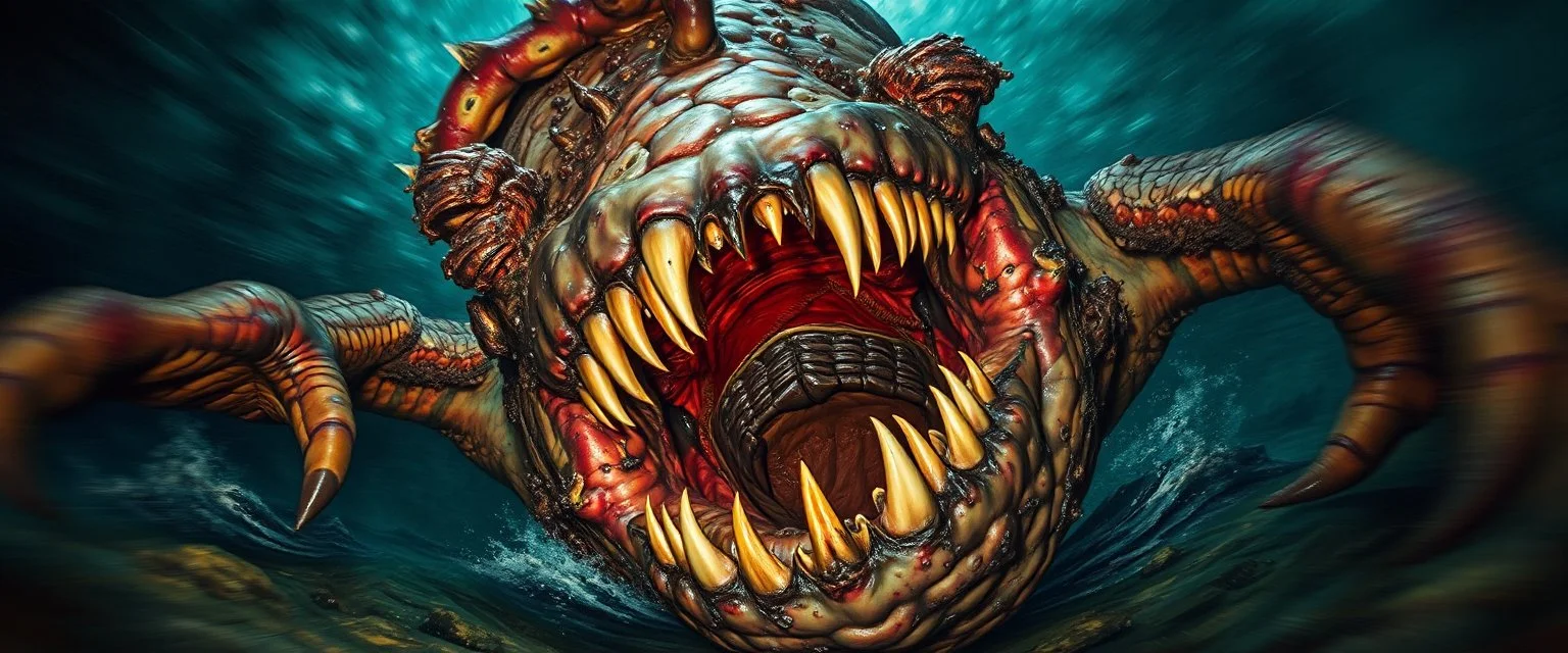 master oil painting by Rembrandt, good afternoon Brinejaw "A hulking brute of a sea monster, jaw gaping impossibly wide, dripping with dark brine, covered in barnacles and scars, massive claws and muscular limbs, a stench of decay, eyes like black pits, snapping relentlessly at anything nearby." pin hole cam, twisted perspective, goa trance music poster, awake within a psychedelic mushroom dream, with some motion blur background, and hyper depth perception layout