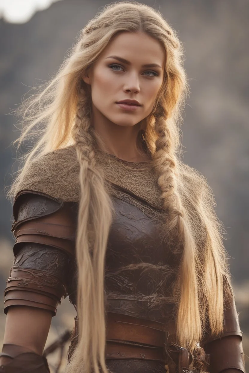 A beautiful woman with blond hair, viking braids Brown leather armor. Horse