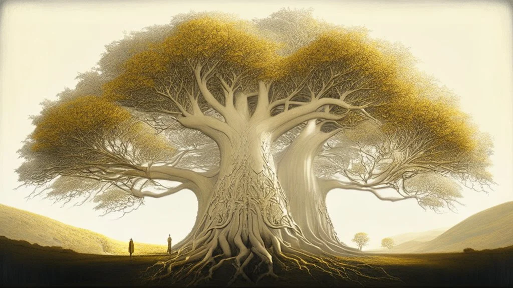 Valinor, tolkien, two giant trees, one giant golden tree, one giant silver tree