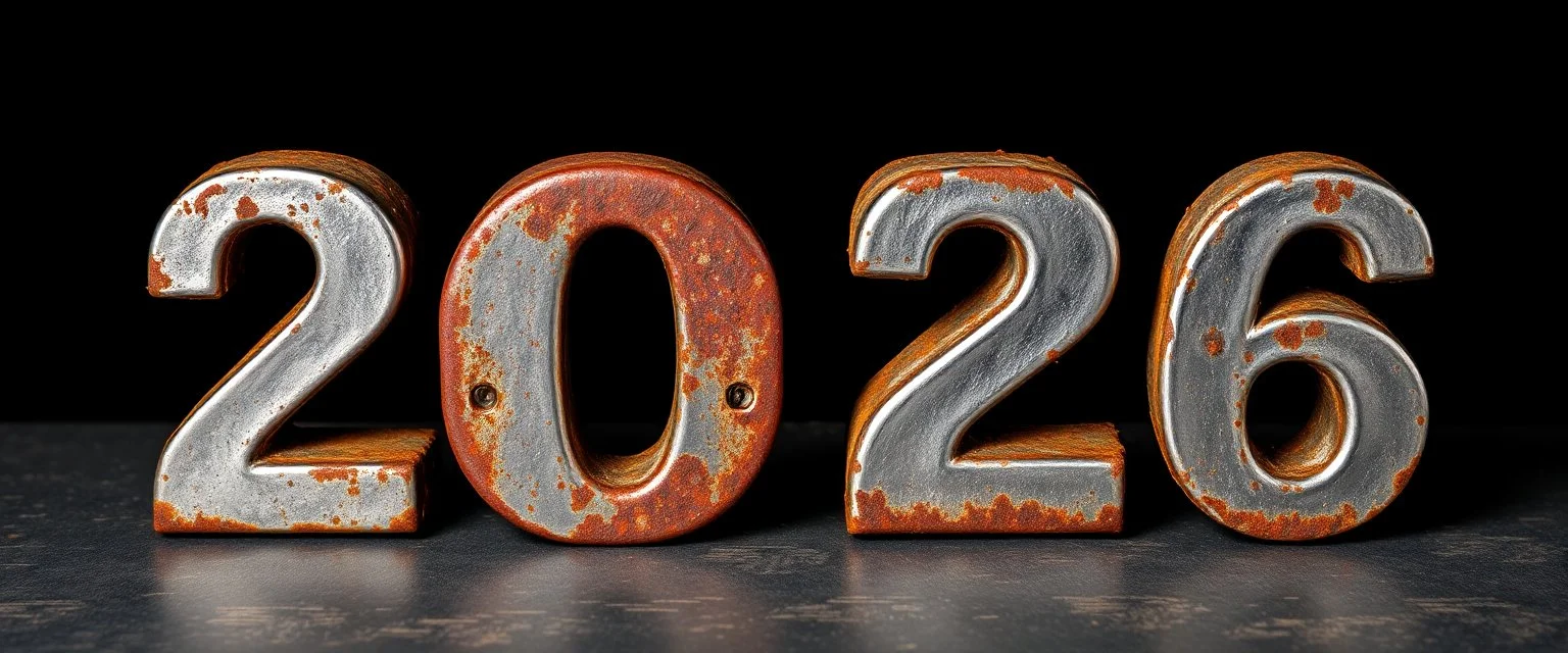 "2026" in block letters made of shiny and rusty metal on contrasting background