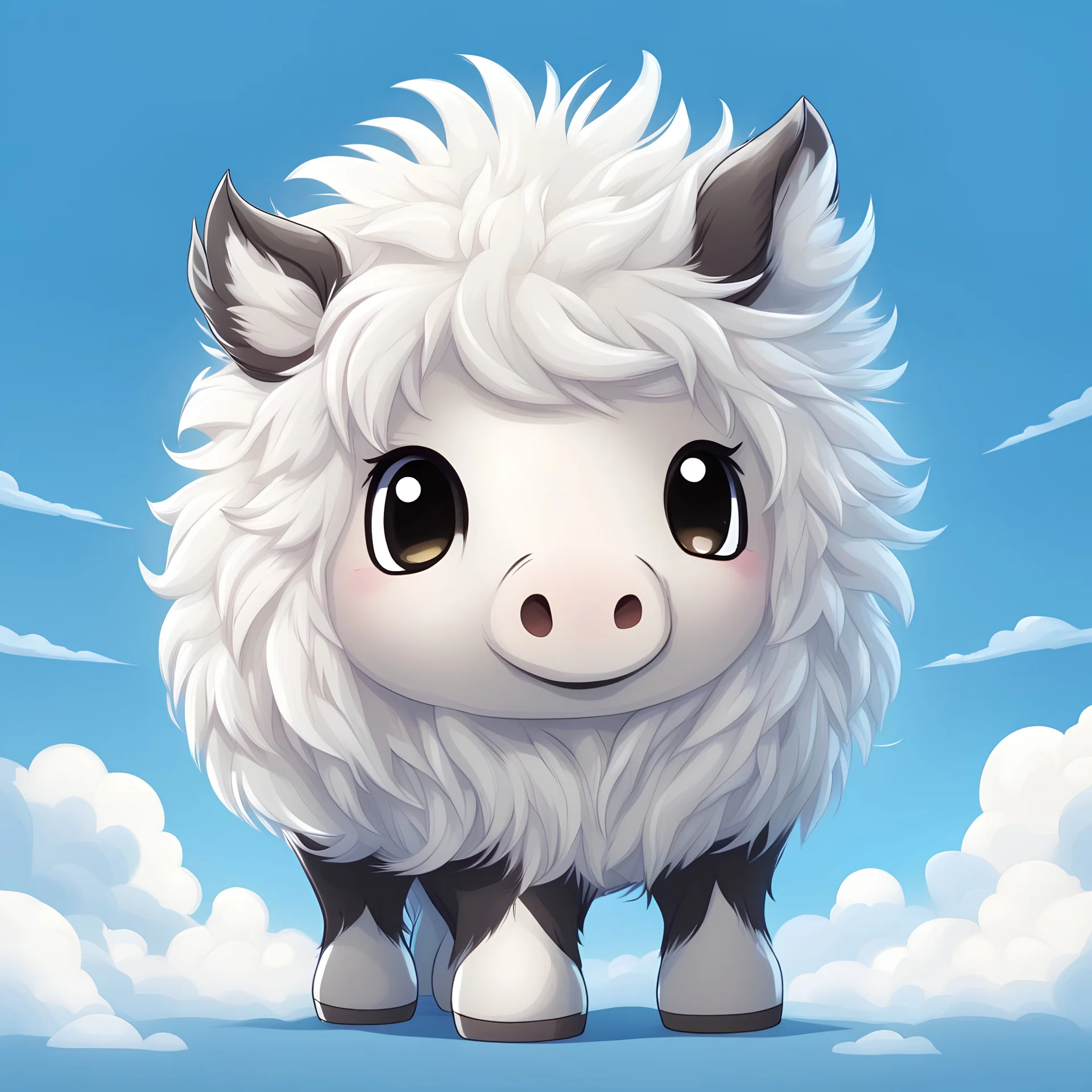 Fluffy Ball of Horse covered in white fur with hoofs sticking out of the fluff background blue skies, in 2d chibi art style