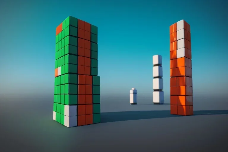 Plastic city Towers made out of stacked Rubik's CubeS, Orange, white, blue, green