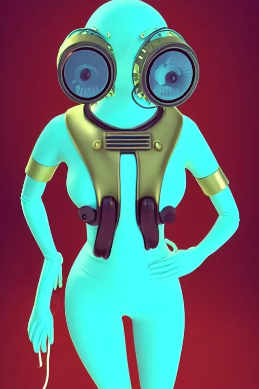 Tendril-gas-mask-Synthesizer-proboscis. Golden to cyan surfaces body, latex. skin is white hard plastic material. Cyber-punk Metallic headphones and speakers, Old-fashioned cameras integrated to heads. Perfect body, thick thighs and calves. simple face. Wide hip, red fabric skirt bleats nicely. Partly symmetrical. Golden ratio. Space-corrosion, rusty and decayed background. Steam-machines-plunge-air-bottles. Blue euclidean 3D-tiling moth surveillance walls. Oppressive atmosphere. Purple Rain.