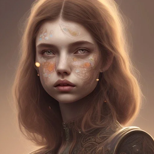 black round shades, A full body portrait of a beautiful wild, intricate, elegant, highly detailed, digital painting, artstation, concept art, smooth, sharp focus, illustration, brown hair, black jacket, youthful,, Hannah Murray, round face, messy hair, hippy, freckles