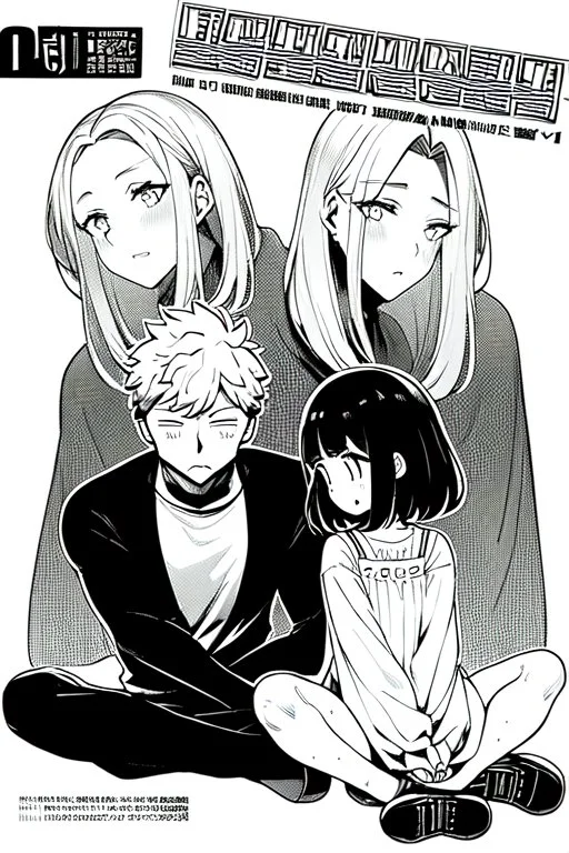 manga chapter cover, a boy is sitting on the ground next to a girl, greyscale