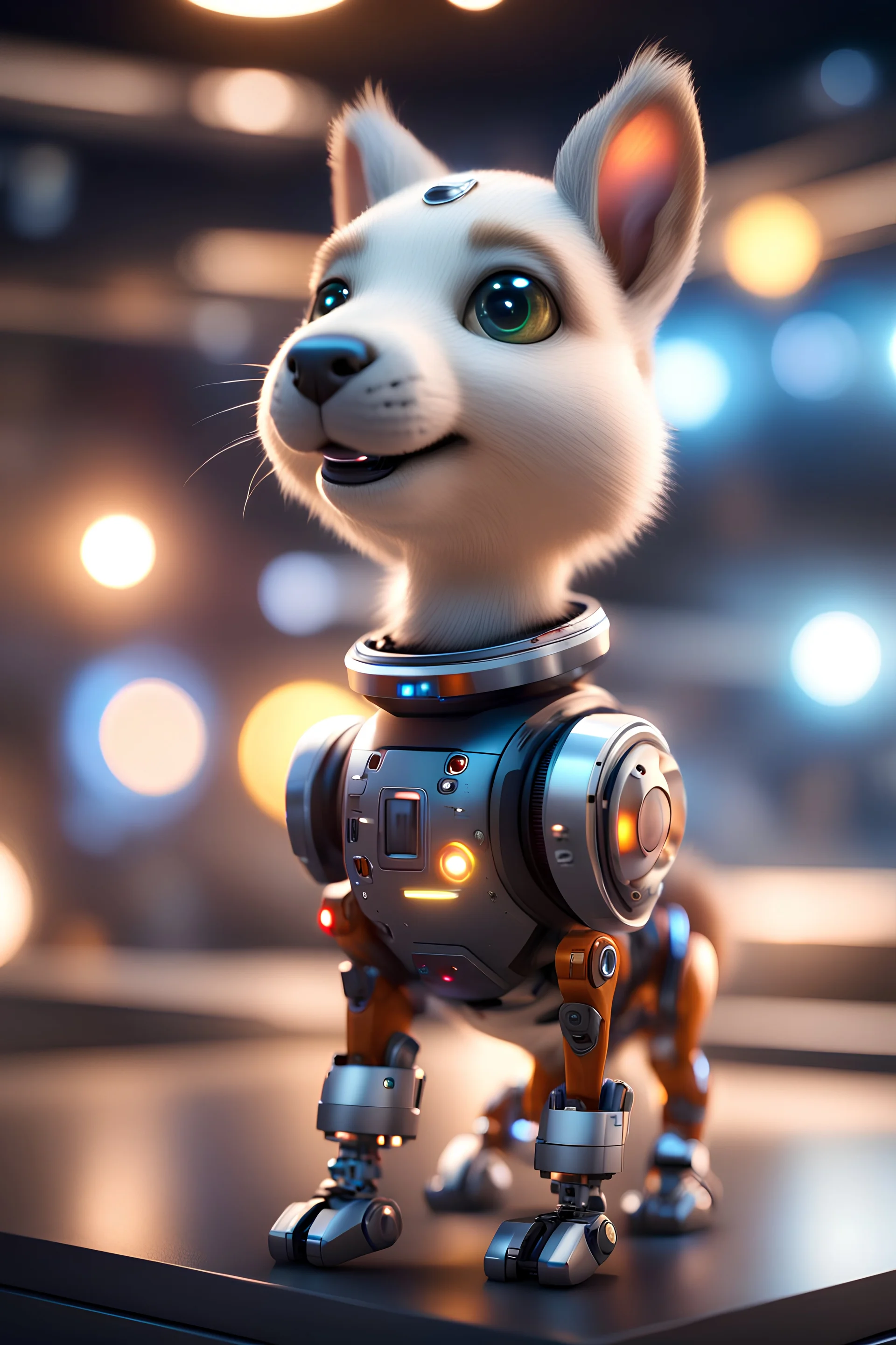 ultimate transcendent happy chat robot squirrel dog cat space horse with spotlights, in advanced hi tech dock, bokeh like f/0.8, tilt-shift lens 8k, high detail, smooth render, down-light, unreal engine, prize winning