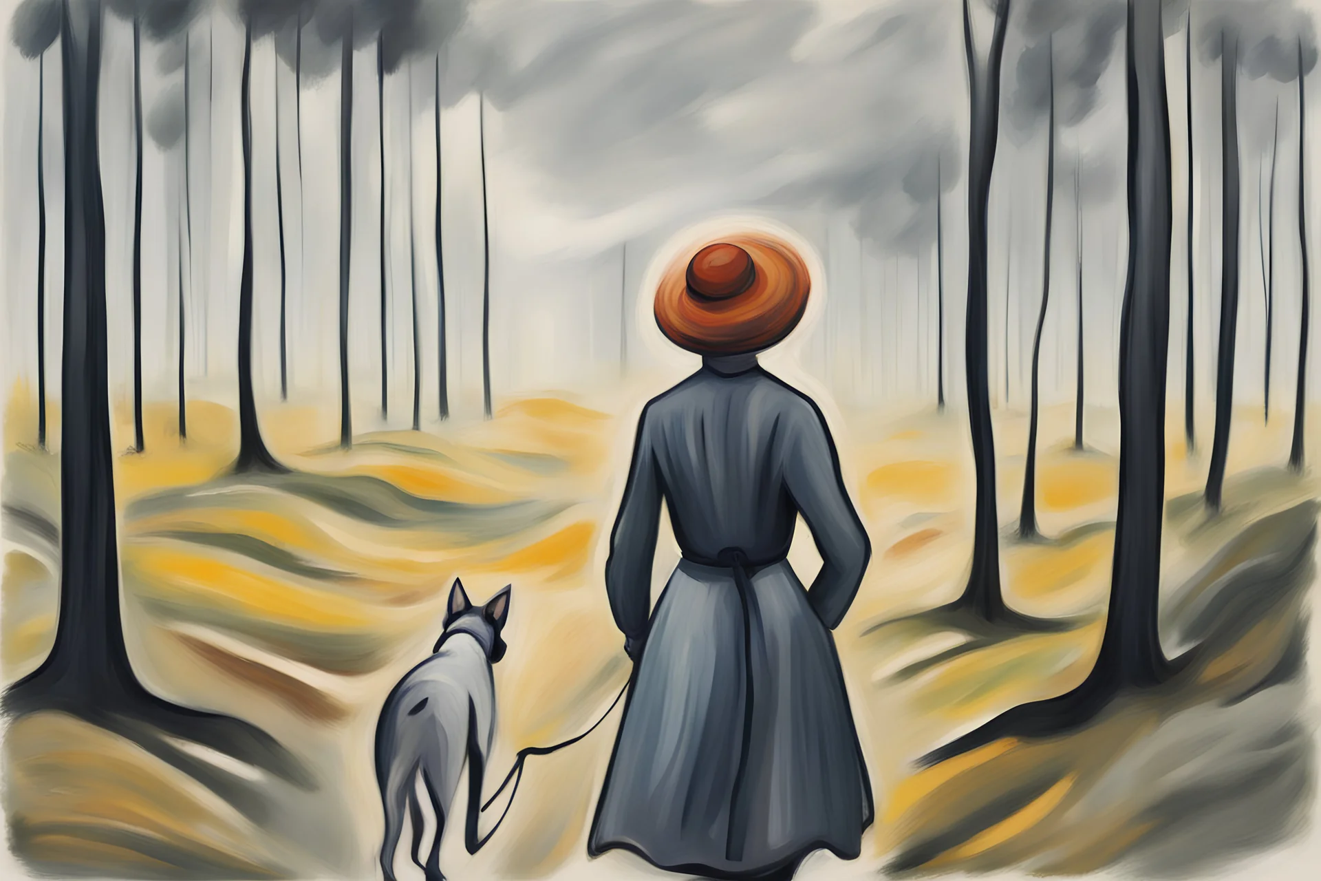 polish woman walking with her dog in the forest a sun in the sky. The sky is gray and cloudy. edvard munch style.