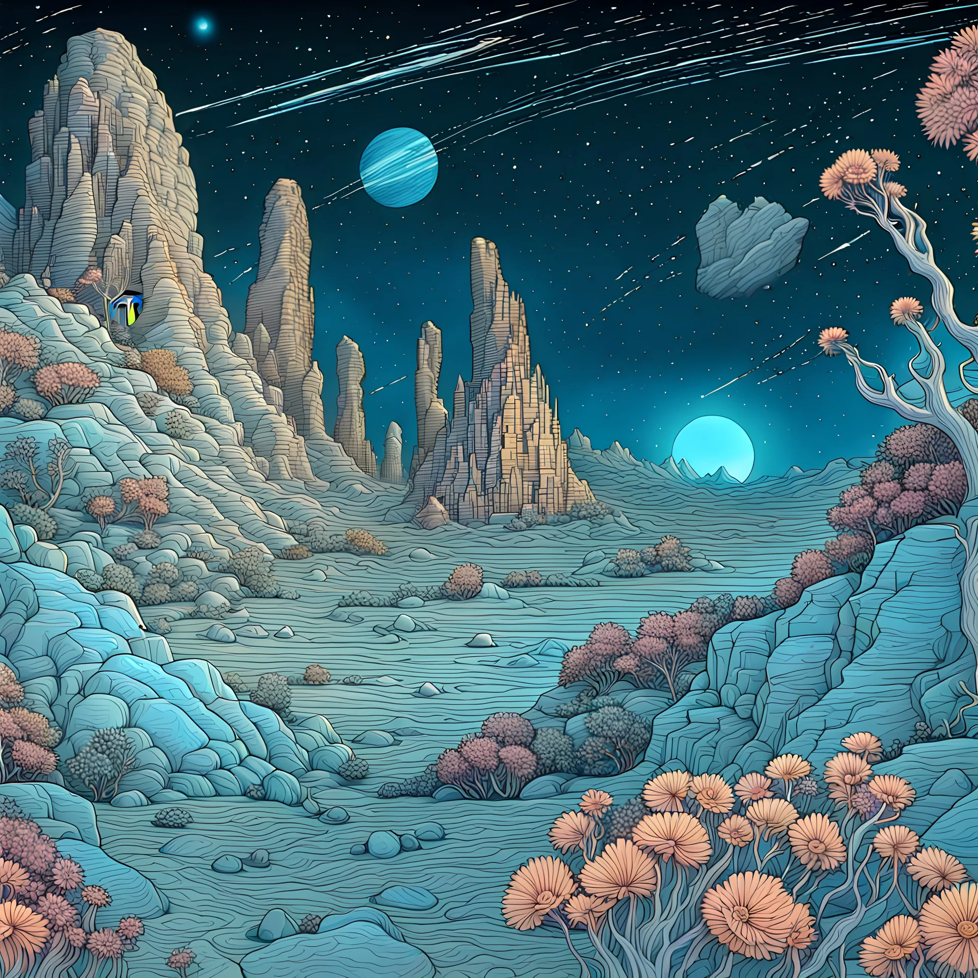 Colourful, scifi, night sky filled with galaxies and stars, rock formations with fossils, flowers, one-line drawing, sharp focus, 8k, deep 3d field, intricate, ornate