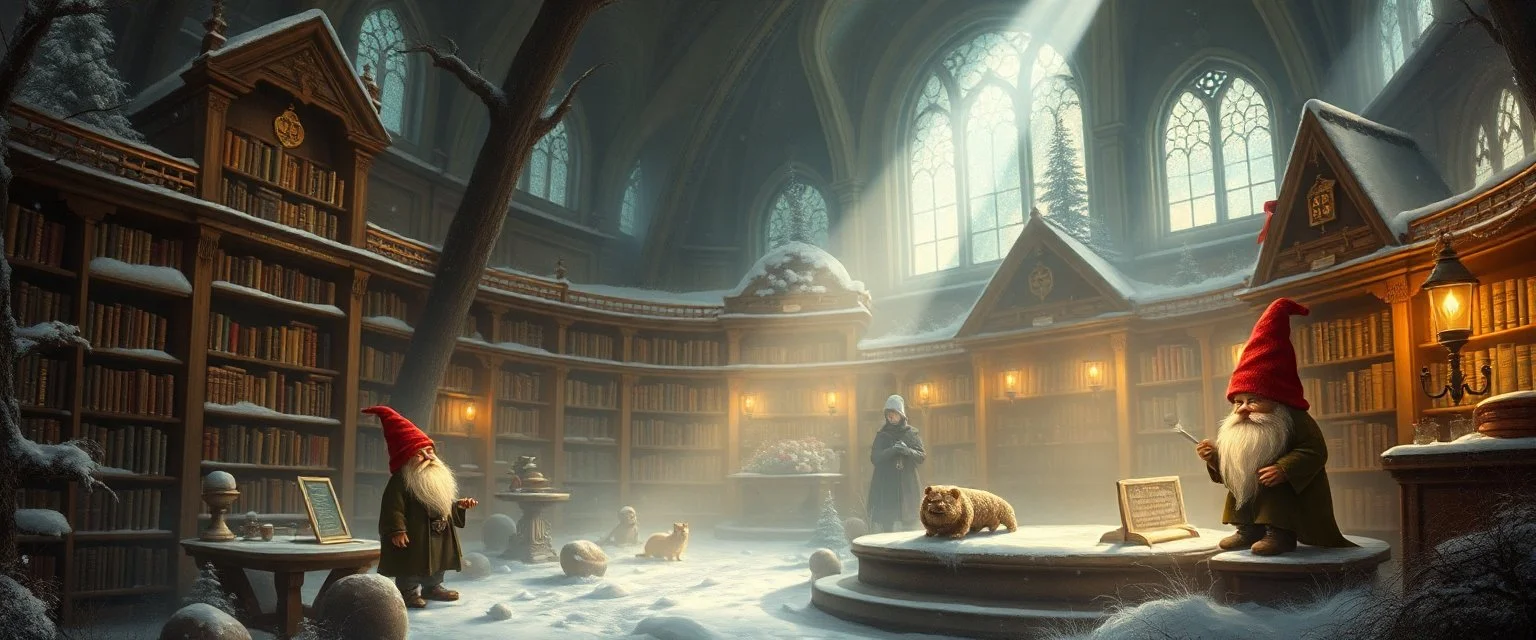 winter glow, master oil painting by Rembrandt, magia spy gnomes soap opera poster, huge multi level archeive, library, woodland creatures, motion blur, background mist, light beam from windows