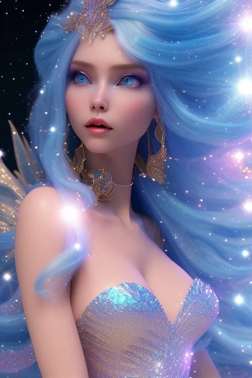 woman glitter blue fairy in a galactic ambiance, long blue hair, detailed gorgeous smile, delicate colors in the foreground, full of details, smooth, light effect，vaporwave colorful, smooth, extremely sharp detail, finely tuned detail, ultra high definition, 8 k, unreal engine 5, ultra sharp