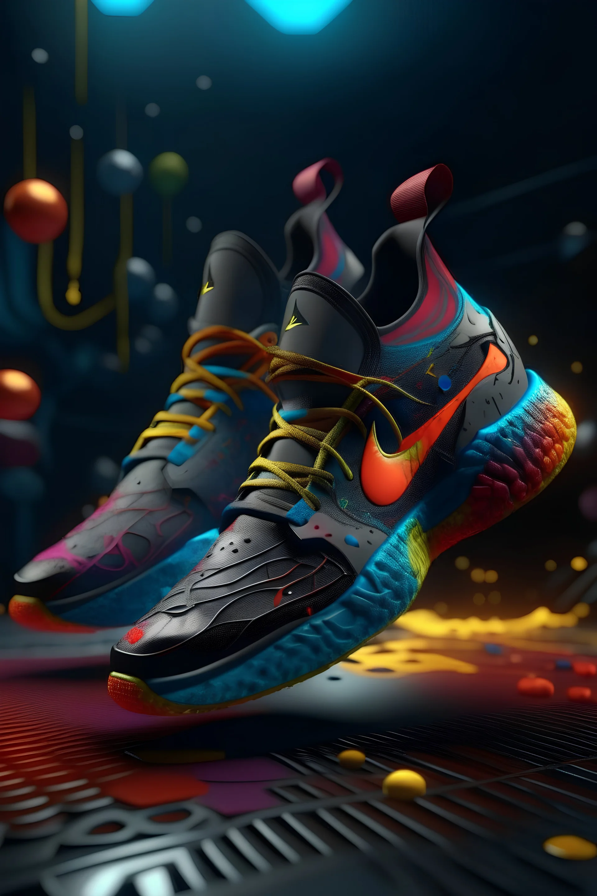 Photoreal luxury gorgeous Robin Nike shoes by Yamamoto, Kenzo, futuristic, ink splash, 8k, high detail, smooth render, unreal engine 5, cinema 4d, HDR, dust effect, vivid colors