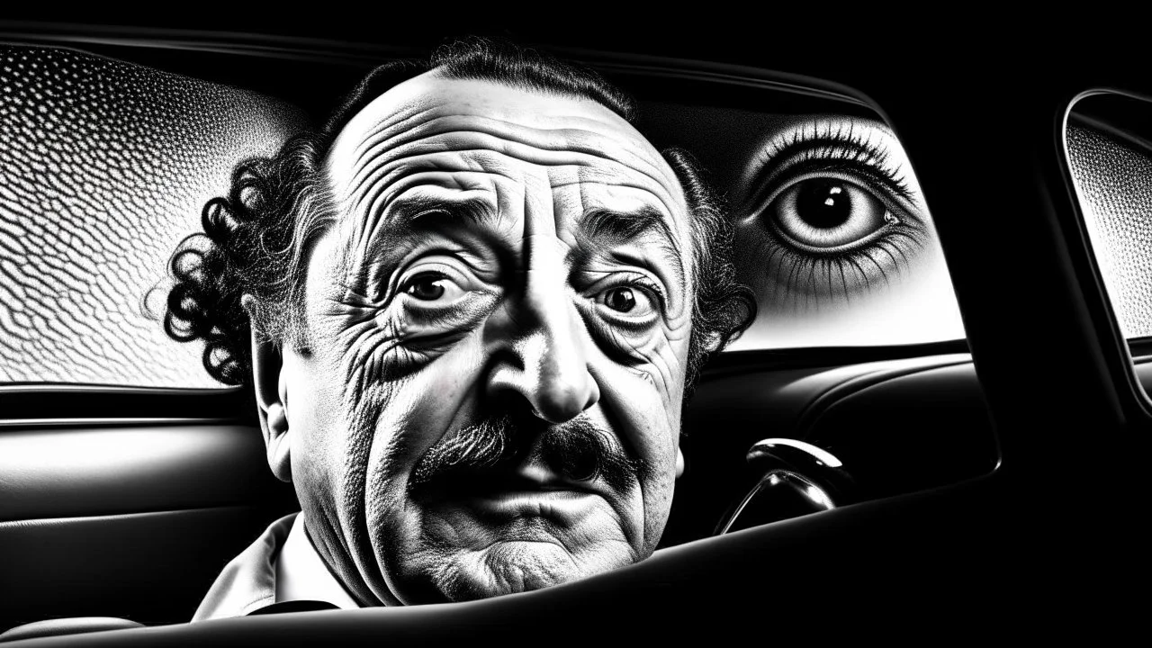 an angry Salvador Dali driving horse shaped surrealist car with eyes, , 4k, sharp edges ,Chiaroscuro, hyper realism, realistic, highly detailed, high contrast black and white, sharp