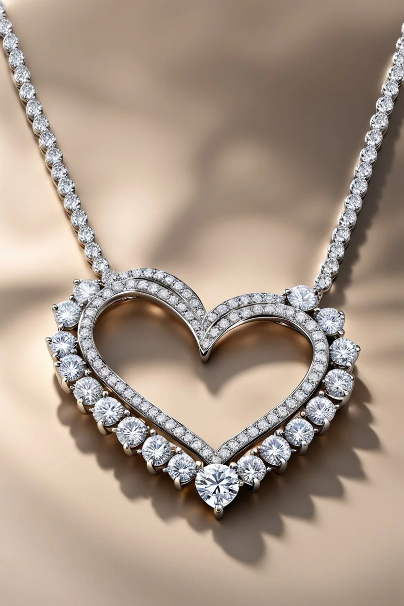 Create a visually stunning and luxurious image of a diamond necklace with a big heart shape diamond at the center and 3 layers of small round diamonds around it