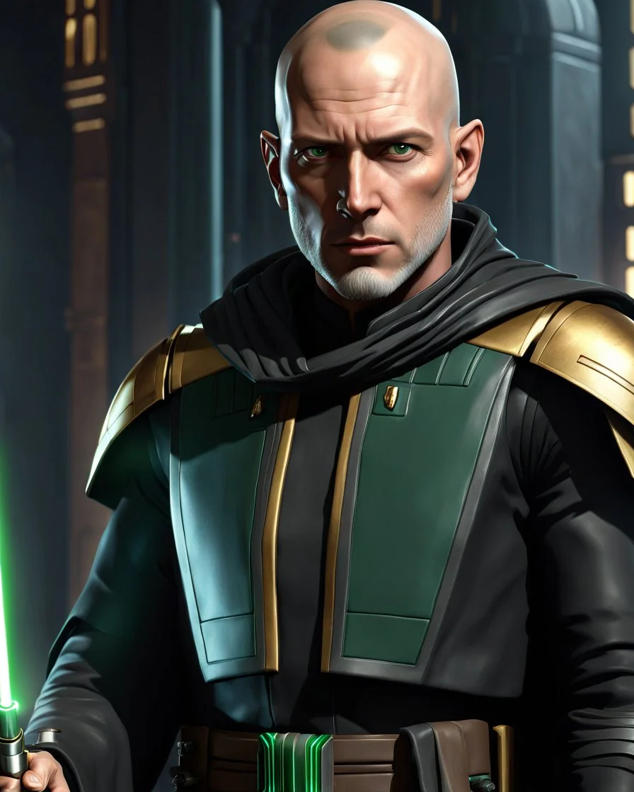 star wars bald male corellian jedi pilot wearing black and gunmetal grey old republic armored robes with gold trim inside the jedi temple holding a lightsaber with viridian green blade in left hand, centered head and shoulders portrait, hyperdetailed, dynamic lighting, hyperdetailed background, 8k resolution, volumetric lighting, light skin, fully symmetric details