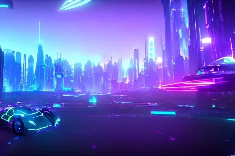 futuristic tron city landscape, flying cars, robots, blue and purple neon