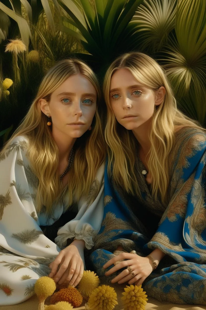 ((Mary-Kate and Ashley Olsen a warm hug)),Nestled against the backdrop of swaying palms and colorful tropical flora, the woman embodies an idyllic vision of seaside repose. Seashells and small pebbles create a delicate mosaic at the base of her lounger, mirroring the natural beauty surrounding her. A subtle fragrance of salt and coconut oil lingers in the air, enhancing the sensory tapestry of the scene.