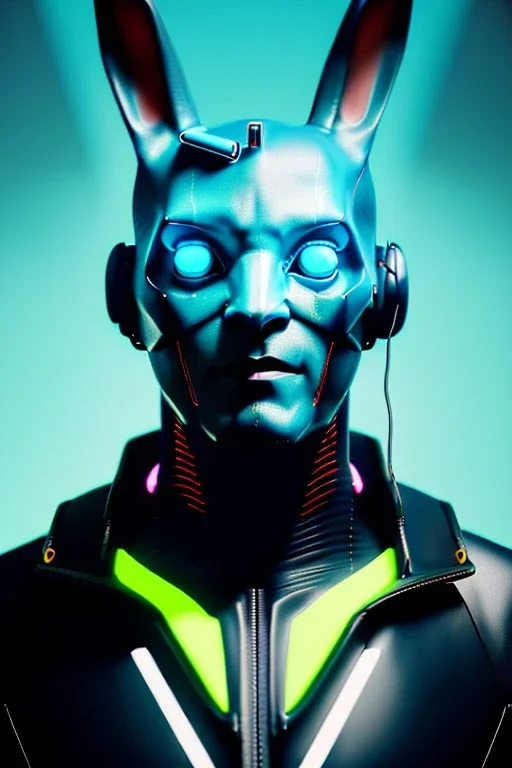 Medium Close Up Portrait, Front image. cyberpunk, rabbit mask, british man, black hair. latex suit. black, yellow, color. Ghost in the shell style. Color background, photo studio. Avatar image, highly detailed, concept art, smooth, unreal engine 5, god rays, ray tracing, RTX, lumen lighting, ultra detail, volumetric lighting, 3d, finely drawn, high definition, high resolution.