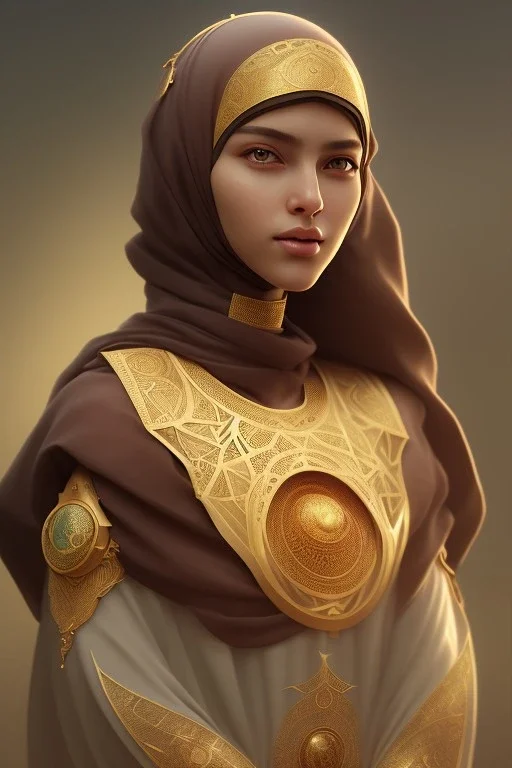 Arab young woman ,Arabic features، cute, beautiful, black eyes,Natural contours, real skin ,Modest Arabic style dress، head and shoulders portrait, cinematic, 8k, resolution concept art portrait by Greg Rutkowski, Artgerm, WLOP, Alphonse Mucha dynamic lighting hyperdetailed intricately detailed