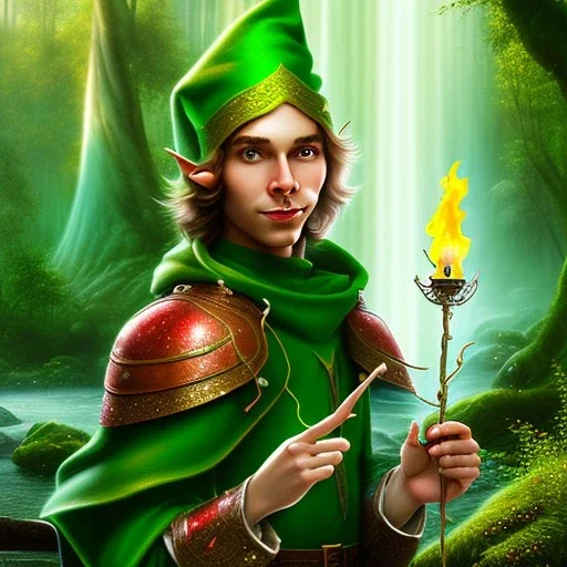 romantic fantasy spray painting, portrait of cute smiling green eyed robed elf poet with cute ornament,sitting on a branch, loosing torch in magical forest by waterfall