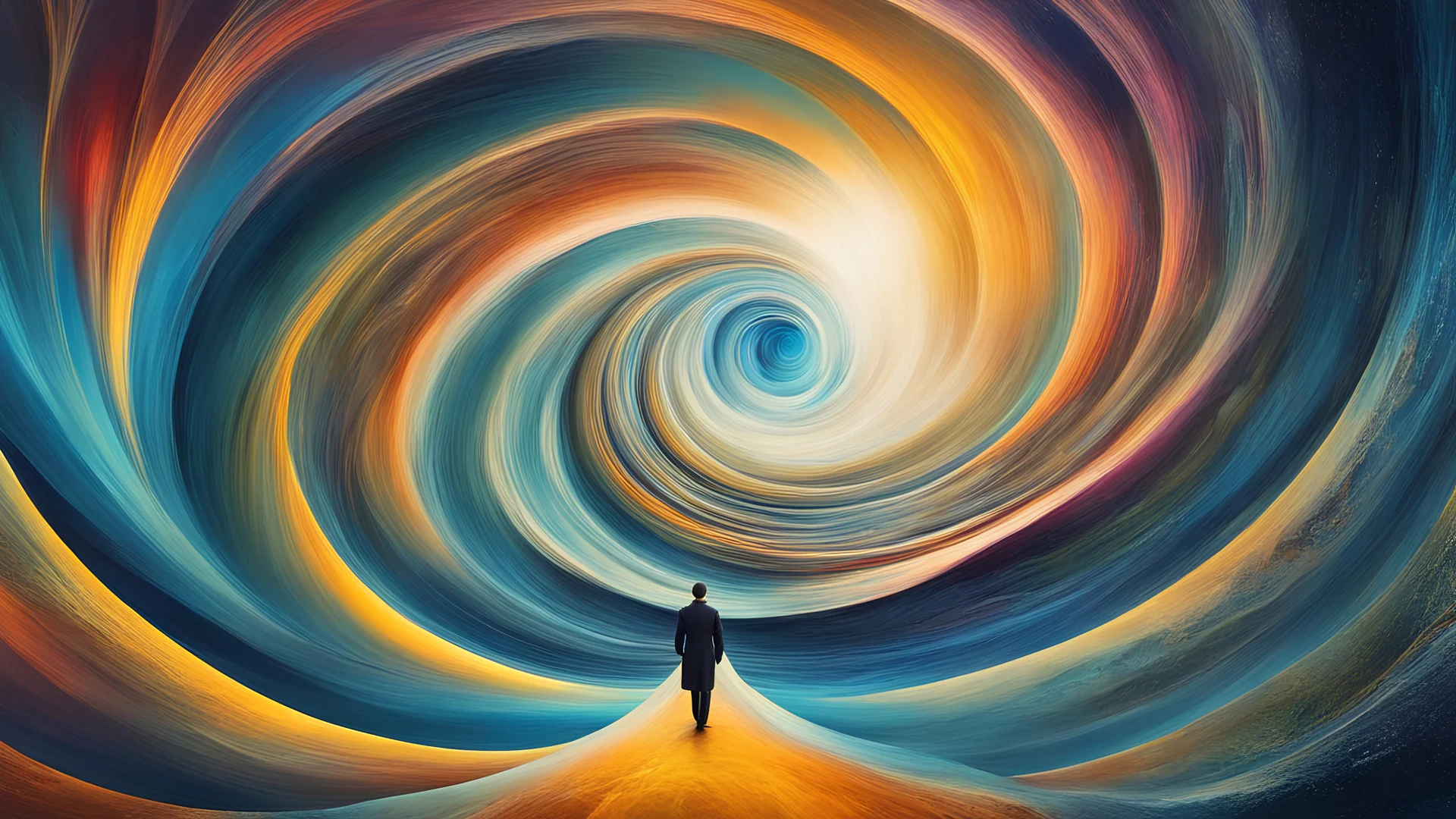 Solitary man, abstract vortex, graceful descent, otherworldly convergence, vibrant and surreal palette, digital masterpiece, inspired by Dali's surrealism, intricate details, high-quality rendering