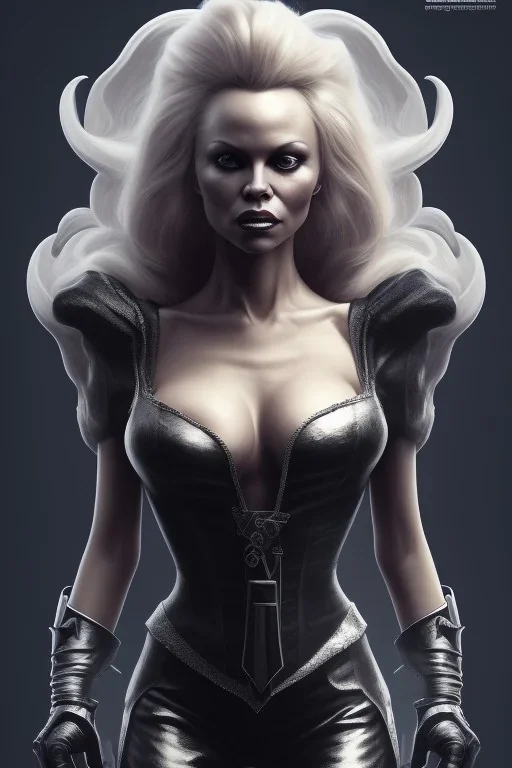 Pamela Anderson as evil queen in black leather, leather, busty, cleavage, angry, stern look. character design by cory loftis, fenghua zhong, ryohei hase, ismail inceoglu and ruan jia. unreal engine 5, artistic lighting, highly detailed, photorealistic, fantasy