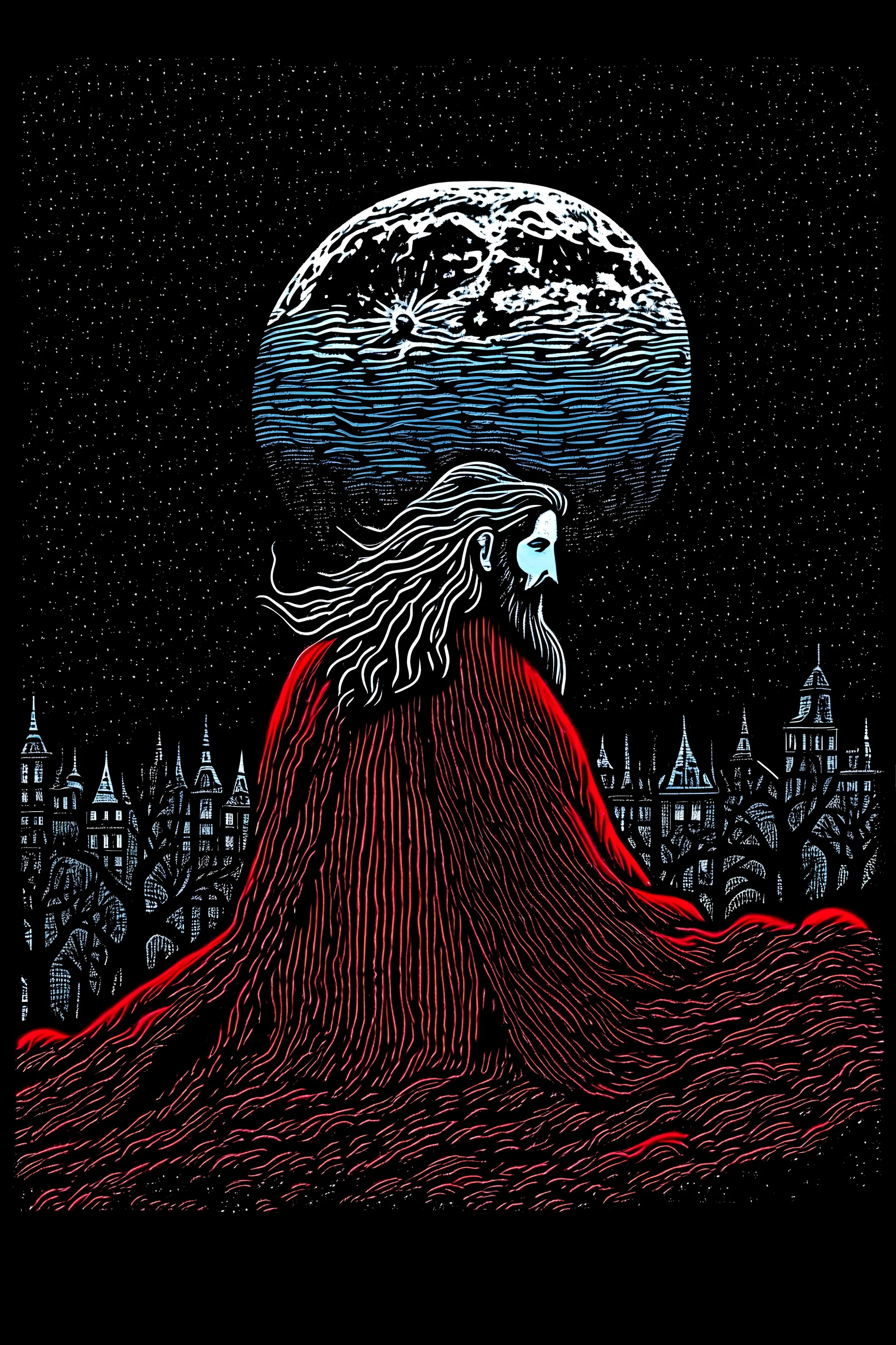 On a dark night, on a full crimson moon, a vampire appears wearing a red scarf with a long beard and hair, eating his stump in Paris, and a hiding person sees him.