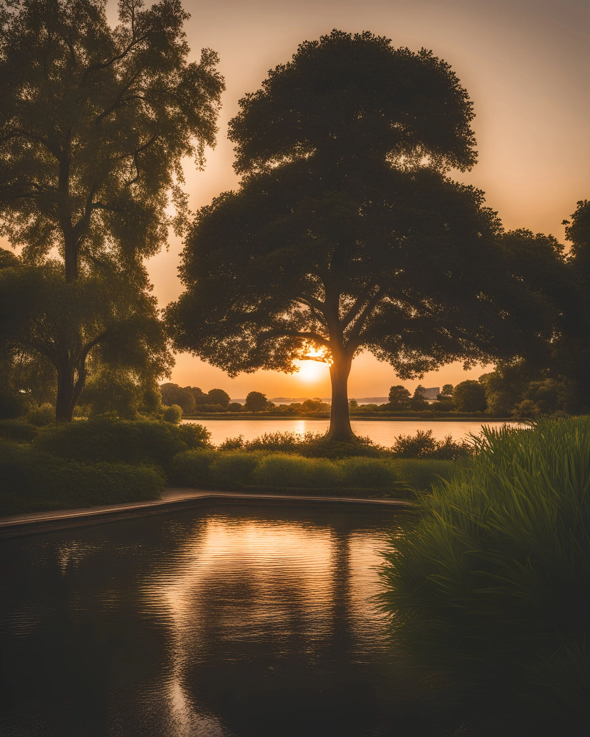 A tree in the middle of a garden with a sunset hour water background