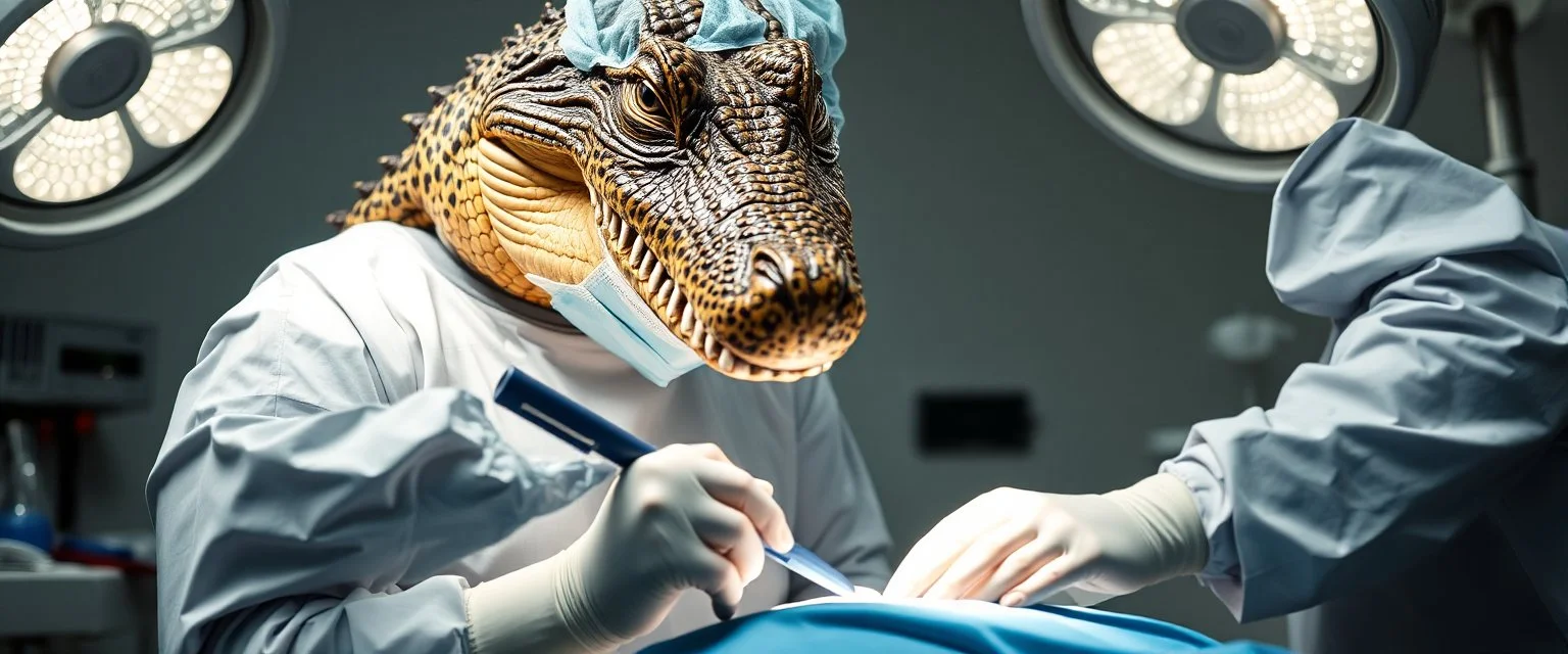 doctor that looks like a crocodile doing operation on patient