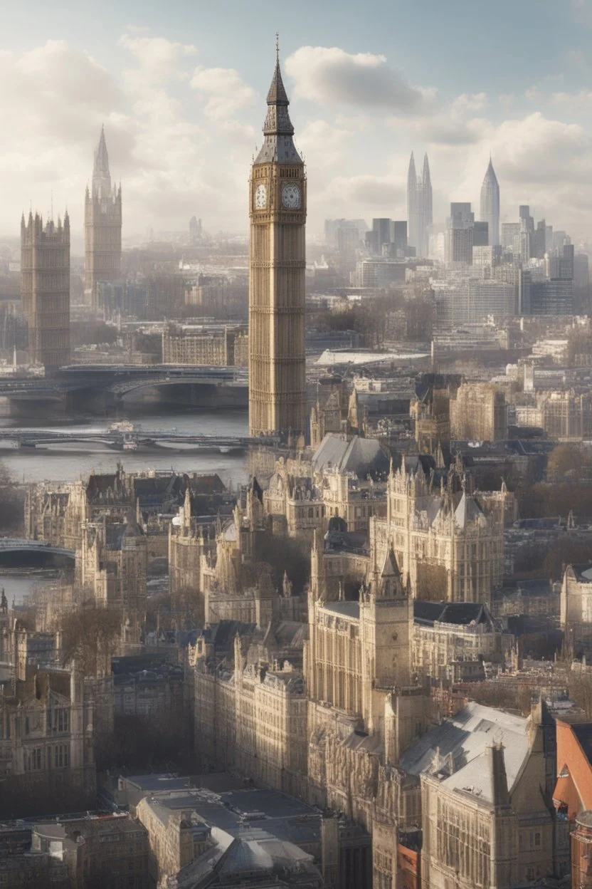 Create a complex composition based on the letters of the English language. The city of London is in the background. Big Ben and Tower Bridge are visible. High quality 8 K. People are learning English.