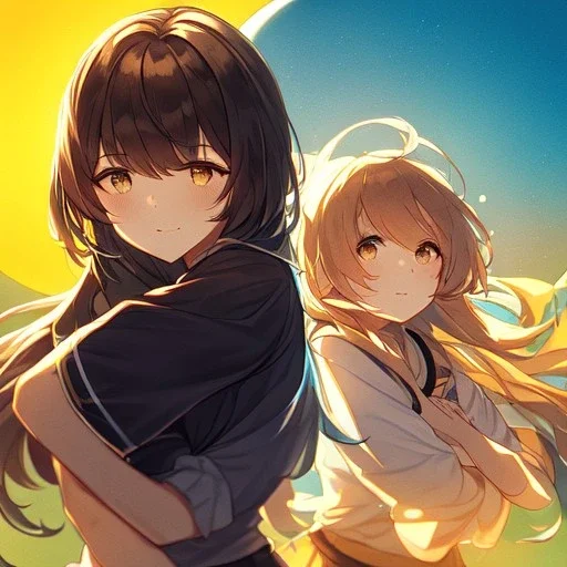 Clear Focus, High resolution, 2 girls hugging, the two girls is a human version of sun and moon, sun if happy and moon is sad, sun in the background