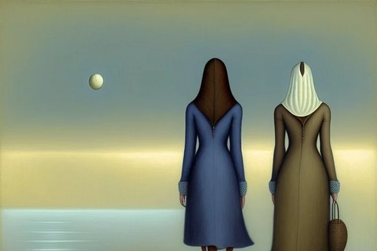 two women seen from behind walking side by side in an empty foggy plain, above there is blue sky by artist "Leonora Carrington",by artist "Christian Schloe",by artist "Kay Sage"