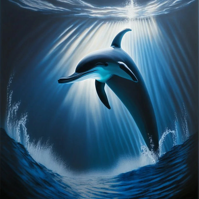 A dramatic, chiaroscuro-style acrylic painting of a powerful dolphin hunting its prey in the depths of the ocean, with stark contrasts between light and shadow to emphasize the intensity and raw beauty of the scene