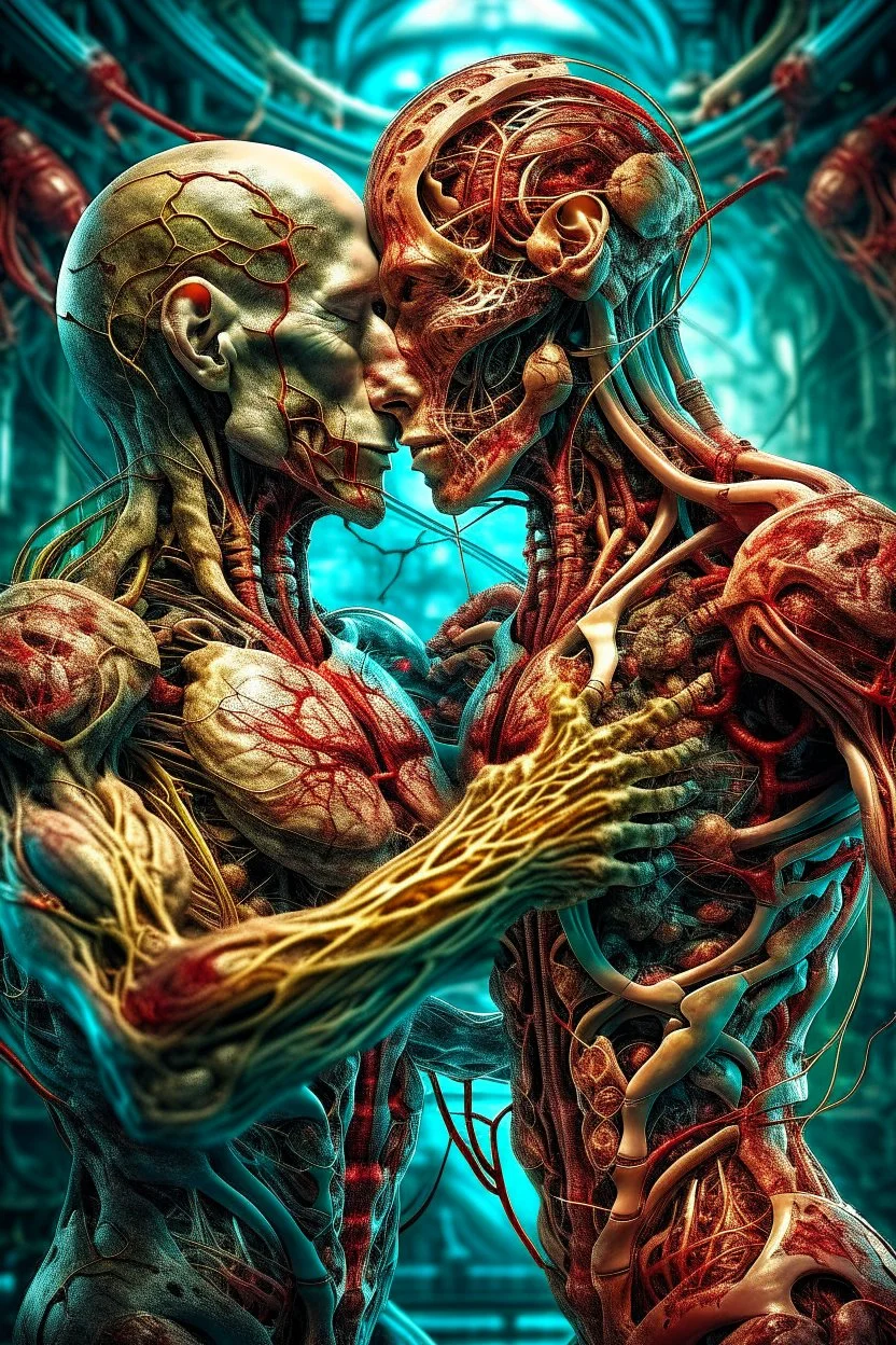 cinematic gore photorealistic fleshy dmt lsd photo of 2 cybernetic bodies making love, 1 male 1 female, 1 soul, complementary, anatomically fragmented, ripped apart again being flayed, skinned alive. A beating heart, muscles, blood vessels, bowels, entrails, robotics are exposed. anatomy. physiology. Bosch and Dali inspired hallucinations. mythology. grotesque.