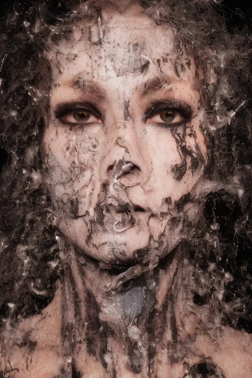 A realistic , 8k high quality image of a person's face from above, face is covered with a plastic, can't breath, suffocating with the face showing like vacuumed under the plastic, eyes open and looking in fear, metaphorically depicting the suffocating grip of anxiety, gothic and dramatic, chaos80 , with debree flying around, abstract