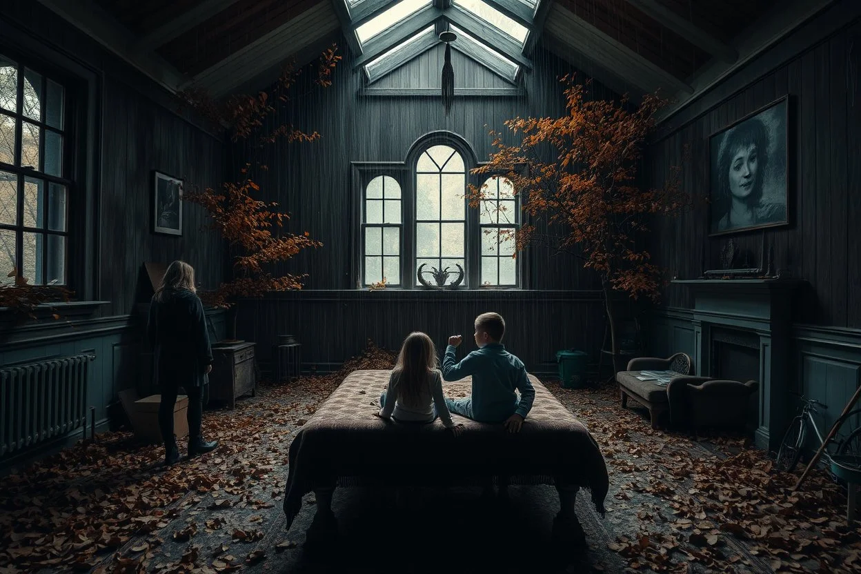 interior abandoned house, horror, family, autumn, rain interior